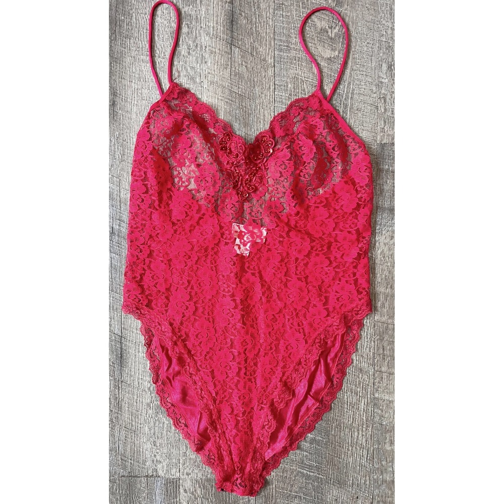 Vintage Delicates Red bodysuit teddy lace lingerie size‎ Large adjustable straps